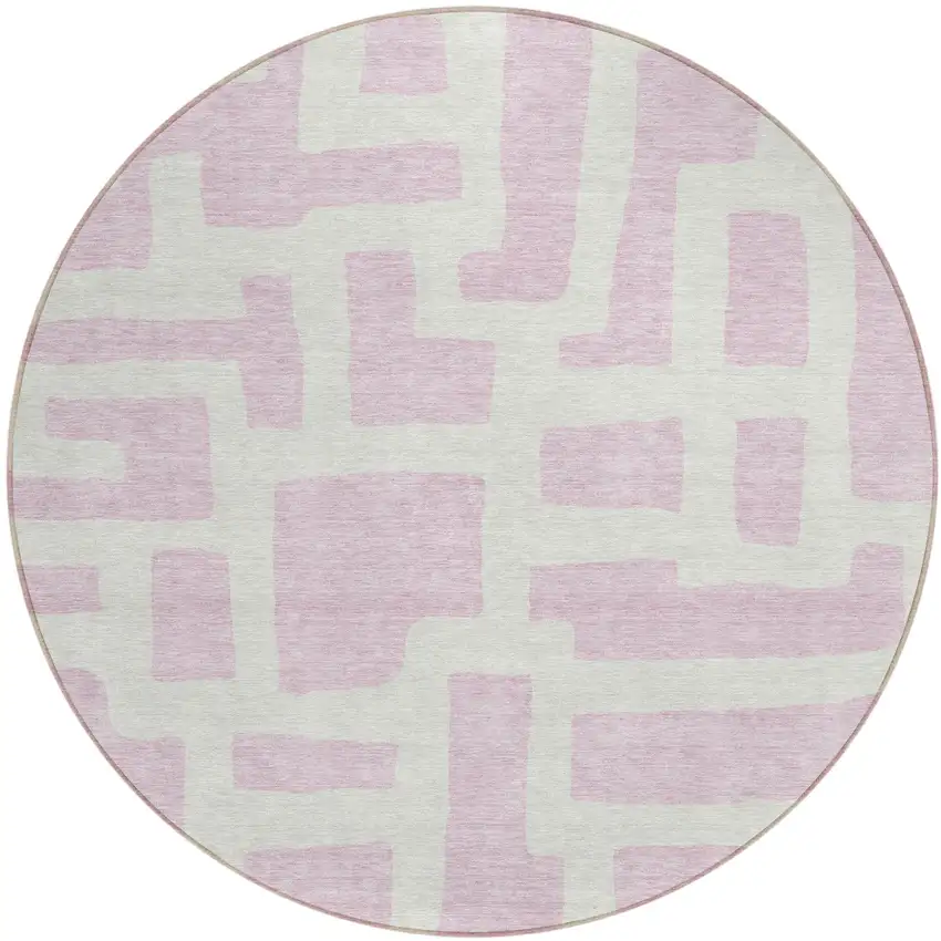 8' Pink And Ivory Round Abstract Washable Indoor Outdoor Area Rug Photo 2