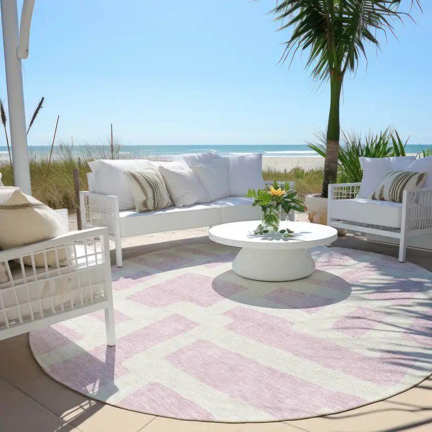 8' Pink And Ivory Round Abstract Washable Indoor Outdoor Area Rug Photo 6