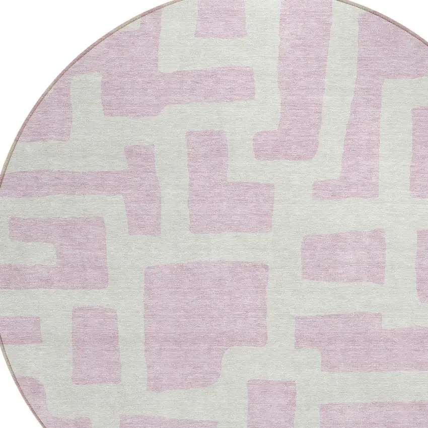 8' Pink And Ivory Round Abstract Washable Indoor Outdoor Area Rug Photo 4