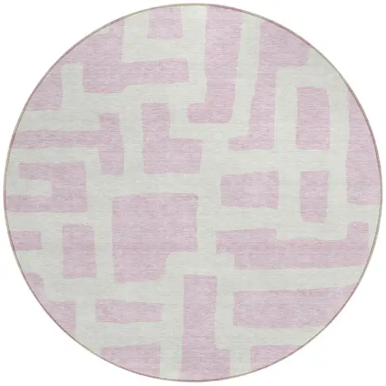 8' Pink And Ivory Round Abstract Washable Indoor Outdoor Area Rug Photo 5