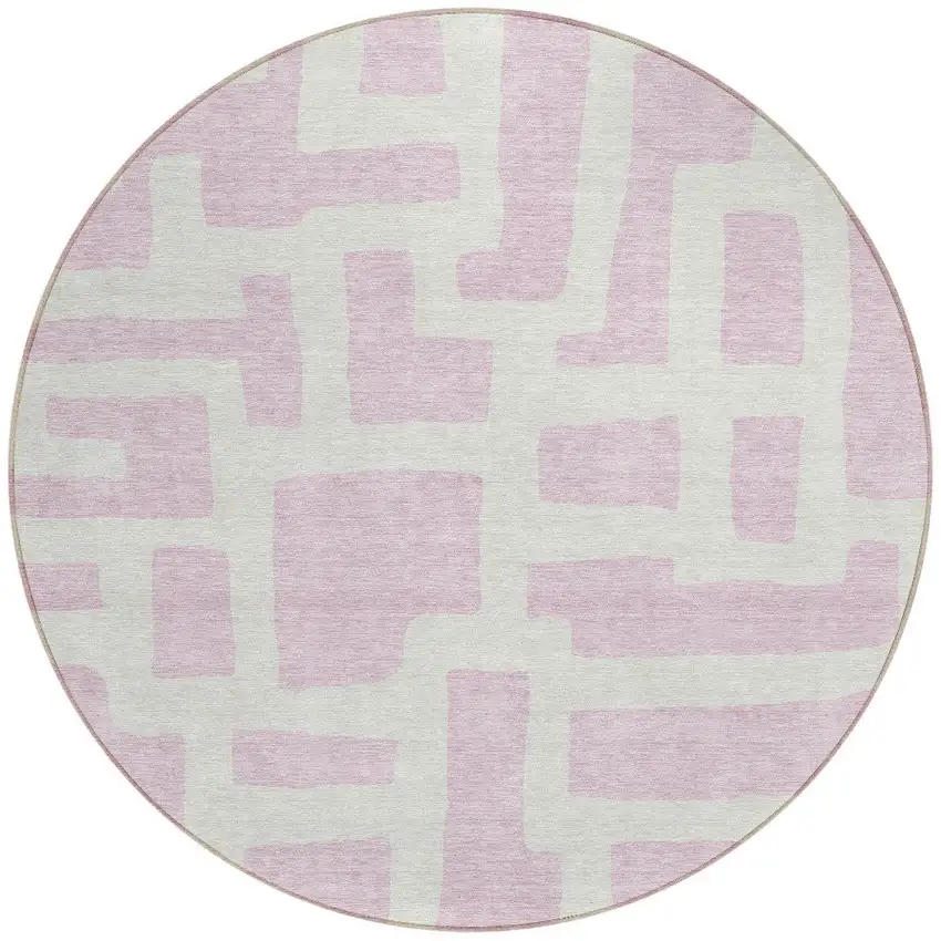 8' Pink And Ivory Round Abstract Washable Indoor Outdoor Area Rug Photo 5