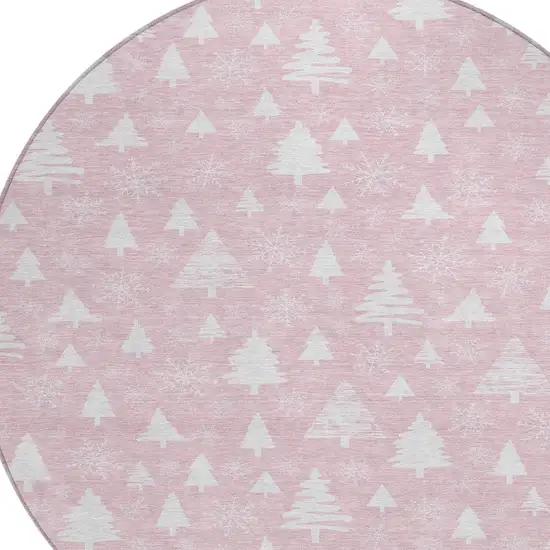 8' Pink And Ivory Round Botanical Leaves Washable Indoor Outdoor Area Rug Photo 8