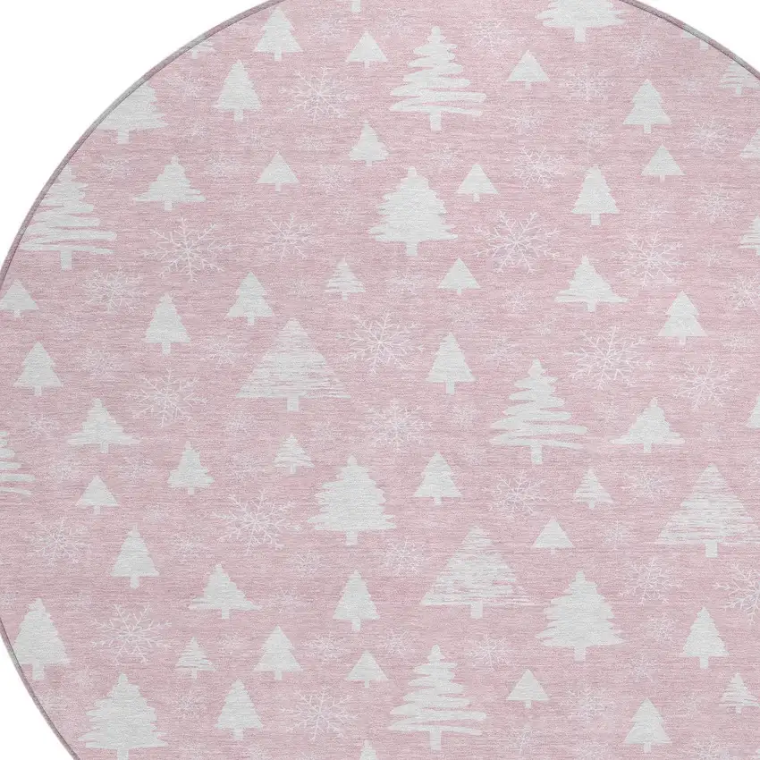 8' Pink And Ivory Round Botanical Leaves Washable Indoor Outdoor Area Rug Photo 8