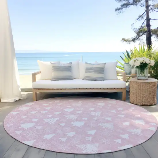 8' Pink And Ivory Round Botanical Leaves Washable Indoor Outdoor Area Rug Photo 5