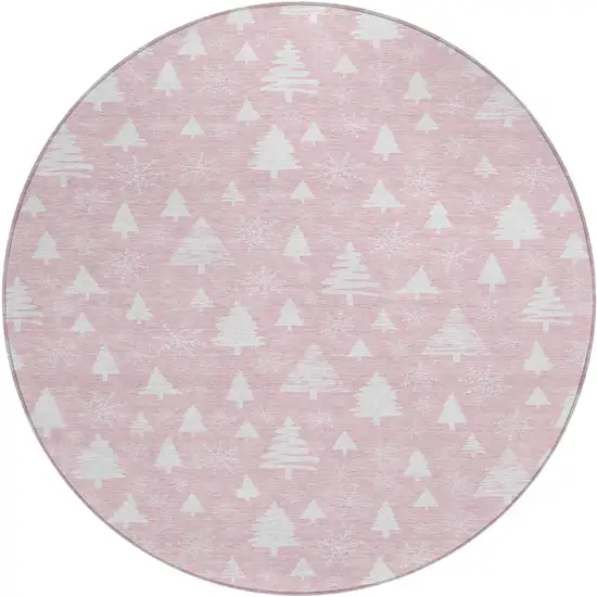8' Pink And Ivory Round Botanical Leaves Washable Indoor Outdoor Area Rug Photo 1