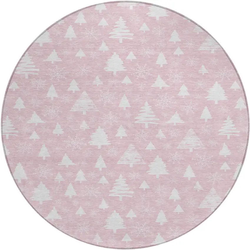 8' Pink And Ivory Round Botanical Leaves Washable Indoor Outdoor Area Rug Photo 1