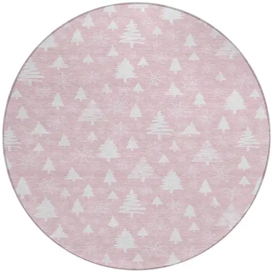 8' Pink And Ivory Round Botanical Leaves Washable Indoor Outdoor Area Rug Photo 4