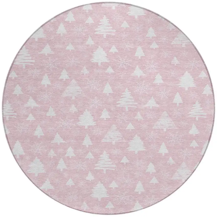 8' Pink And Ivory Round Botanical Leaves Washable Indoor Outdoor Area Rug Photo 4