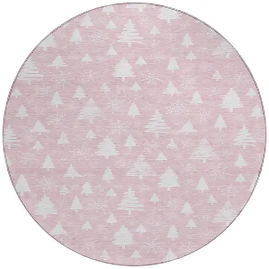8' Pink And Ivory Round Botanical Leaves Washable Indoor Outdoor Area Rug Photo 3