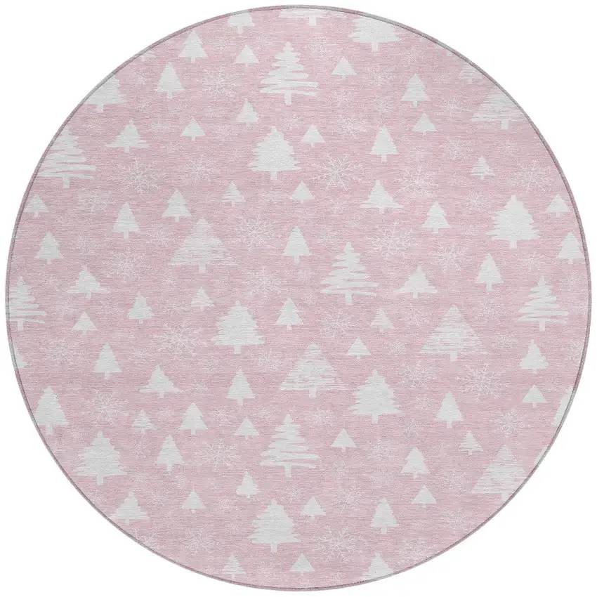 8' Pink And Ivory Round Botanical Leaves Washable Indoor Outdoor Area Rug Photo 3