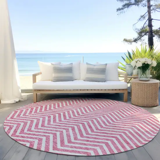 8' Pink And Ivory Round Chevron Washable Indoor Outdoor Area Rug Photo 7