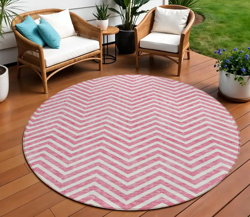 8' Pink And Ivory Round Chevron Washable Indoor Outdoor Area Rug Photo 1