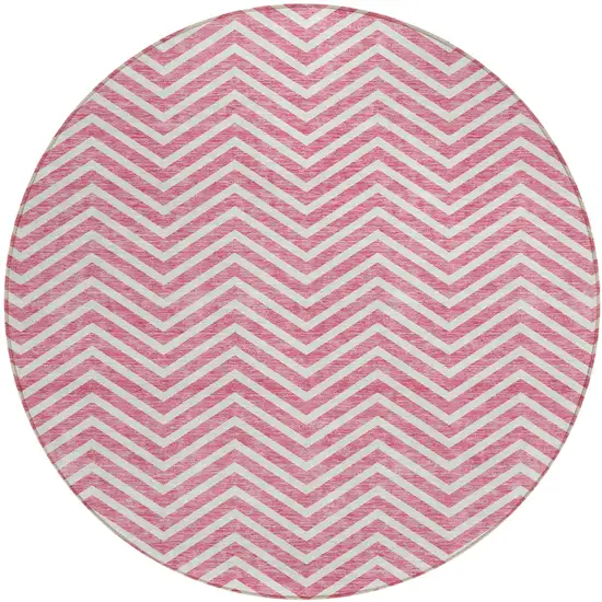 8' Pink And Ivory Round Chevron Washable Indoor Outdoor Area Rug Photo 2