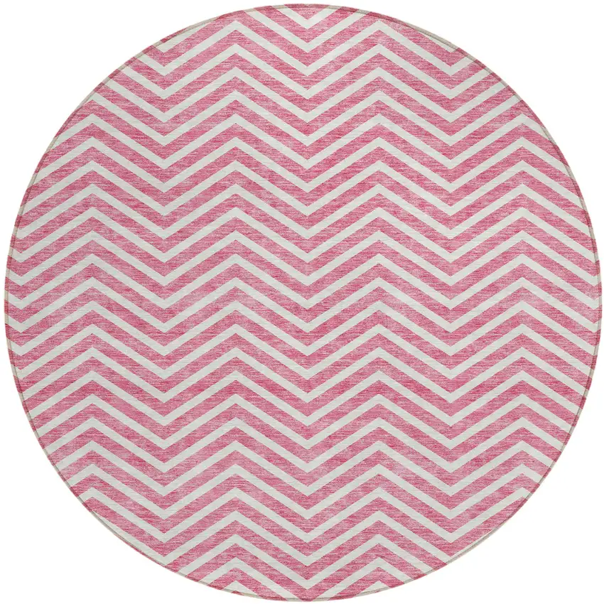 8' Pink And Ivory Round Chevron Washable Indoor Outdoor Area Rug Photo 2