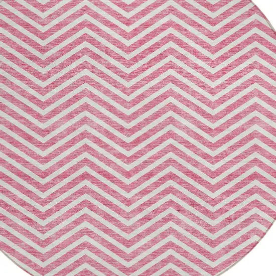 8' Pink And Ivory Round Chevron Washable Indoor Outdoor Area Rug Photo 5