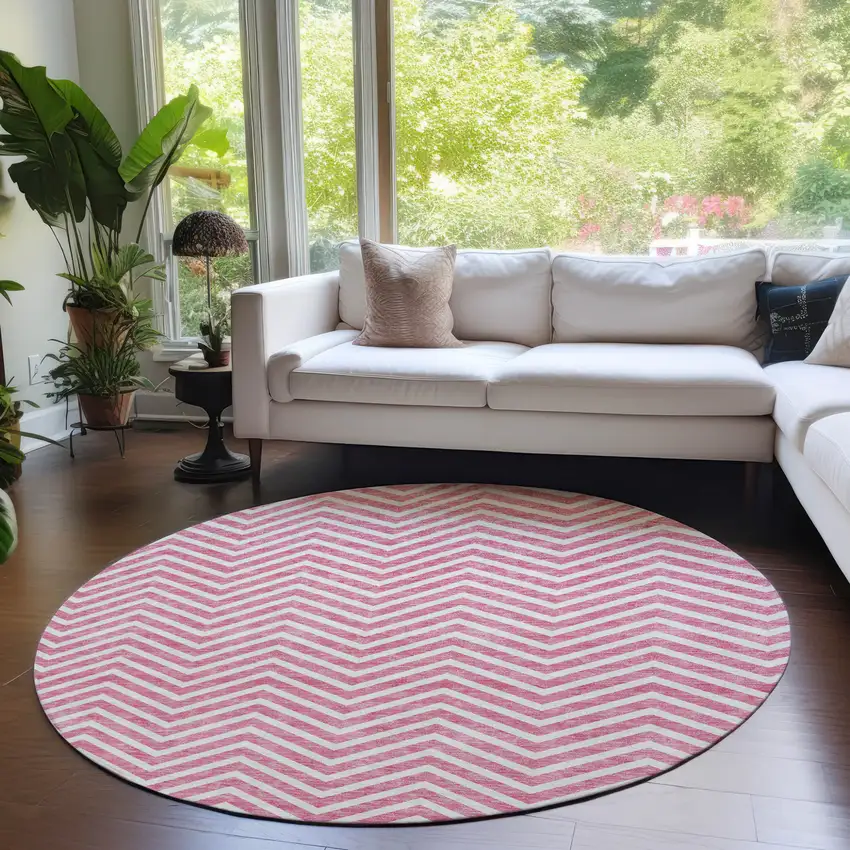 8' Pink And Ivory Round Chevron Washable Indoor Outdoor Area Rug Photo 8