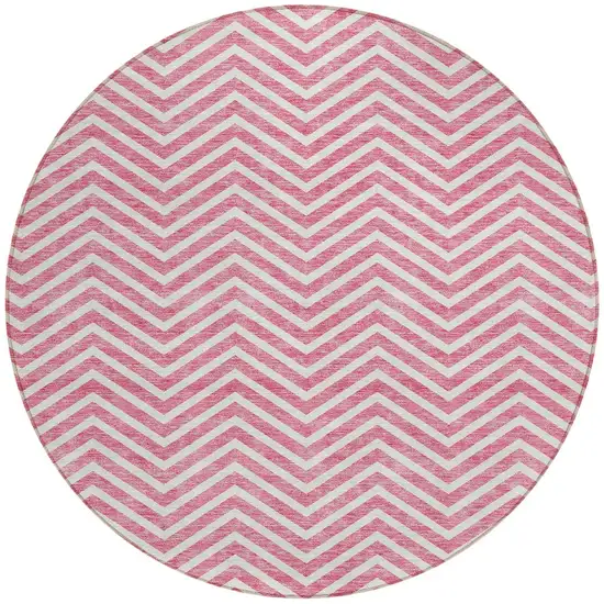 8' Pink And Ivory Round Chevron Washable Indoor Outdoor Area Rug Photo 6