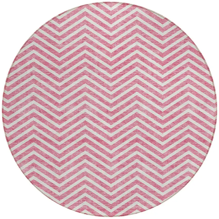 8' Pink And Ivory Round Chevron Washable Indoor Outdoor Area Rug Photo 6