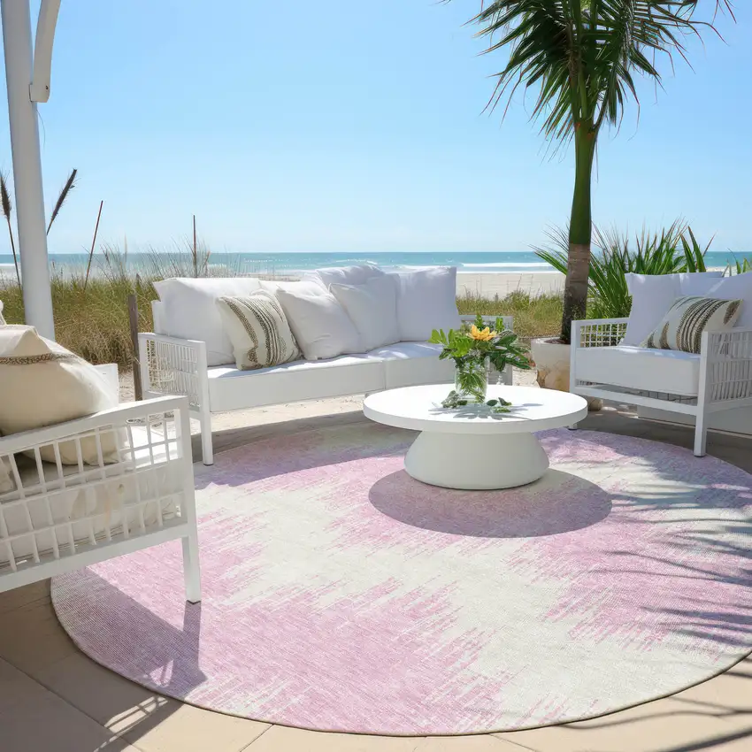 8' Pink And Ivory Round Chevron Washable Indoor Outdoor Area Rug Photo 6