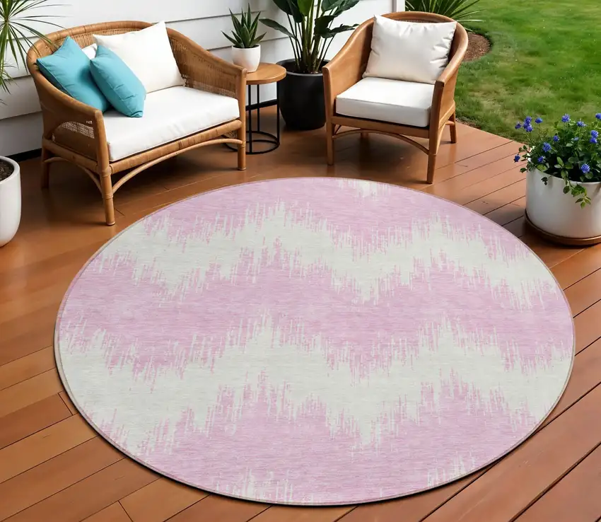 8' Pink And Ivory Round Chevron Washable Indoor Outdoor Area Rug Photo 1