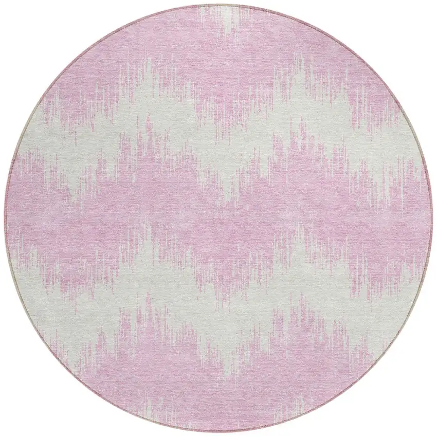 8' Pink And Ivory Round Chevron Washable Indoor Outdoor Area Rug Photo 5