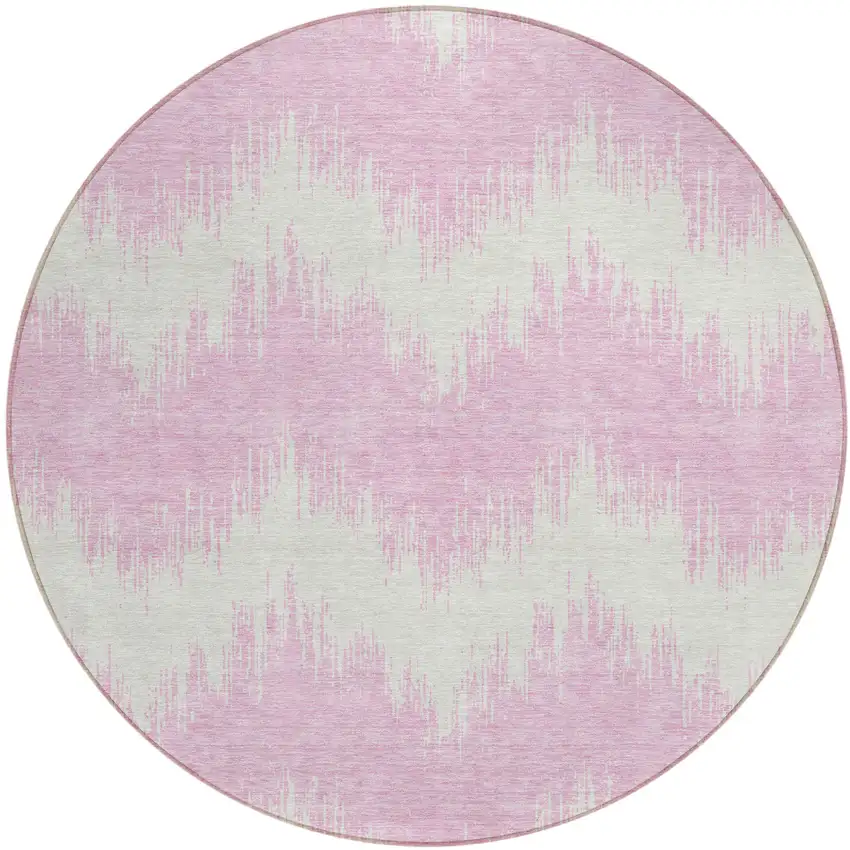 8' Pink And Ivory Round Chevron Washable Indoor Outdoor Area Rug Photo 2
