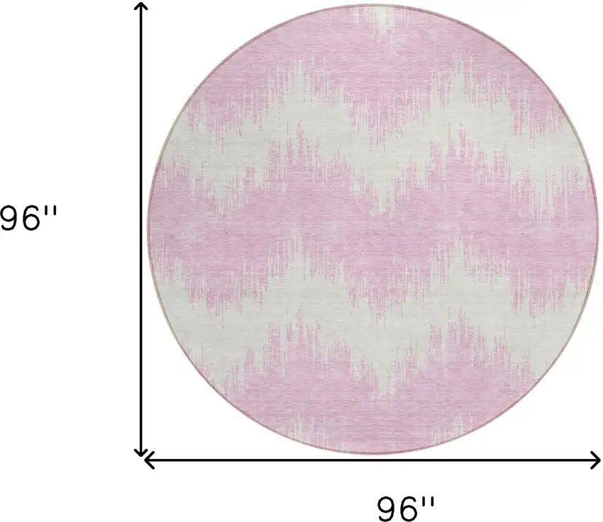 8' Pink And Ivory Round Chevron Washable Indoor Outdoor Area Rug Photo 3