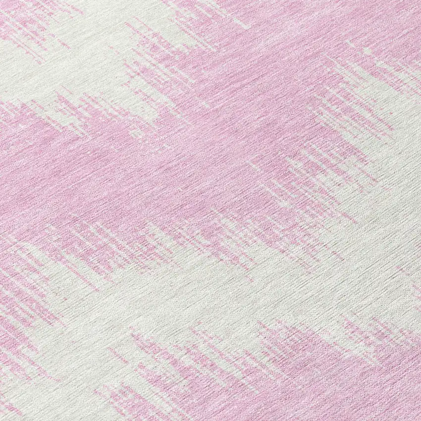 8' Pink And Ivory Round Chevron Washable Indoor Outdoor Area Rug Photo 8