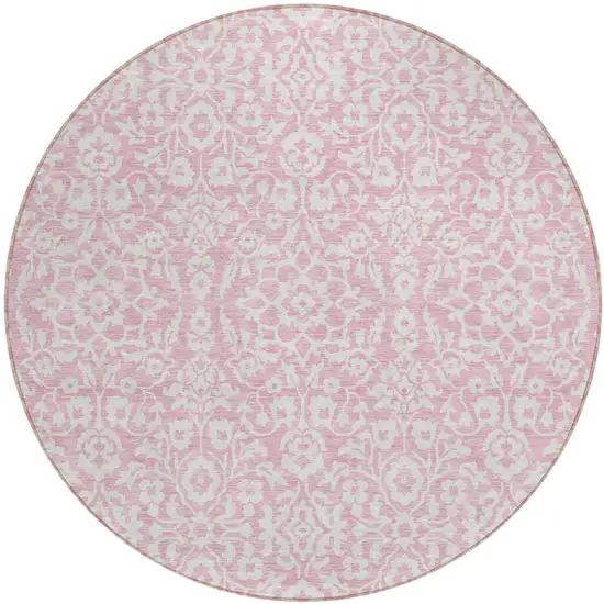 8' Pink And Ivory Round Damask Washable Indoor Outdoor Area Rug Photo 2