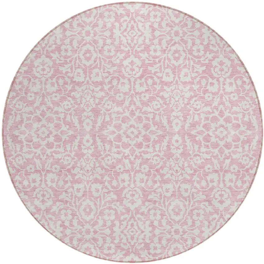 8' Pink And Ivory Round Damask Washable Indoor Outdoor Area Rug Photo 2