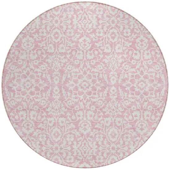 8' Pink And Ivory Round Damask Washable Indoor Outdoor Area Rug Photo 5