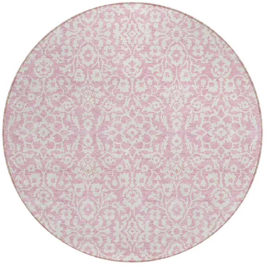 8' Pink And Ivory Round Damask Washable Indoor Outdoor Area Rug Photo 5