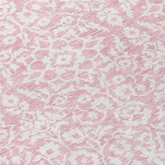 8' Pink And Ivory Round Damask Washable Indoor Outdoor Area Rug Photo 8