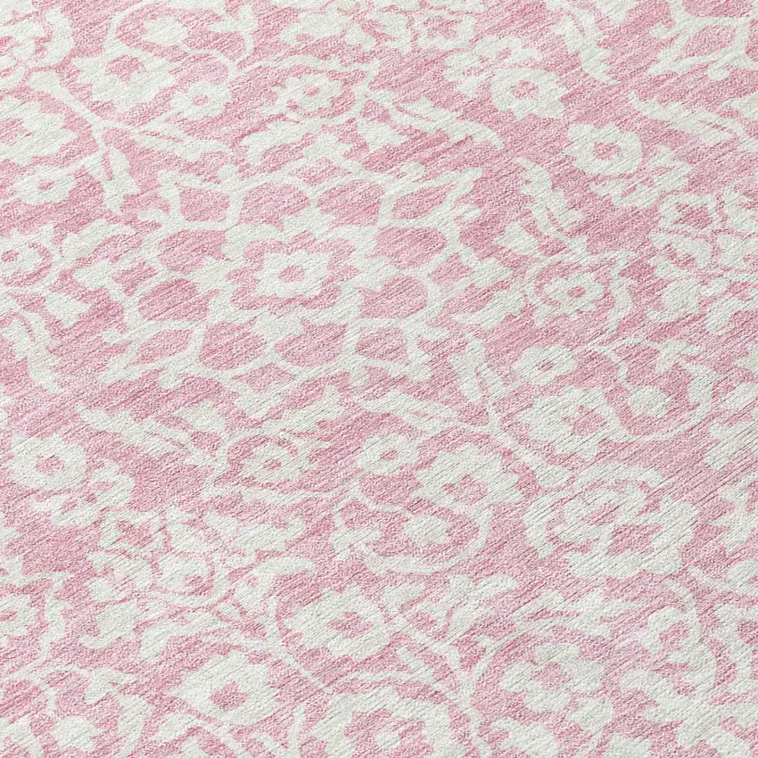 8' Pink And Ivory Round Damask Washable Indoor Outdoor Area Rug Photo 8
