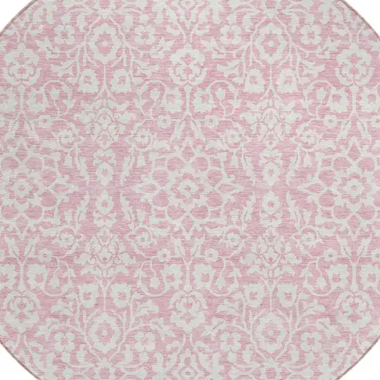 8' Pink And Ivory Round Damask Washable Indoor Outdoor Area Rug Photo 4