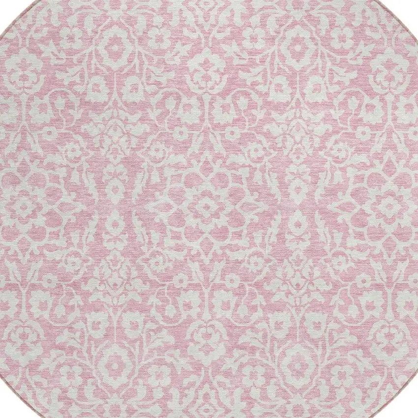 8' Pink And Ivory Round Damask Washable Indoor Outdoor Area Rug Photo 4