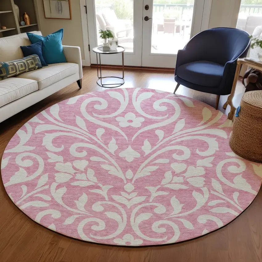 8' Pink And Ivory Round Floral Washable Indoor Outdoor Area Rug Photo 7
