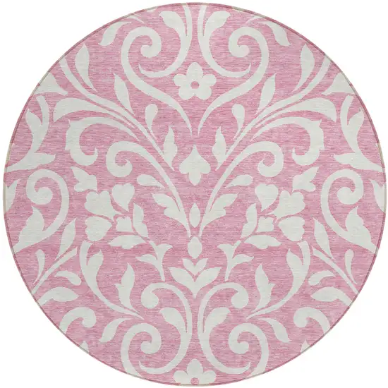 8' Pink And Ivory Round Floral Washable Indoor Outdoor Area Rug Photo 2