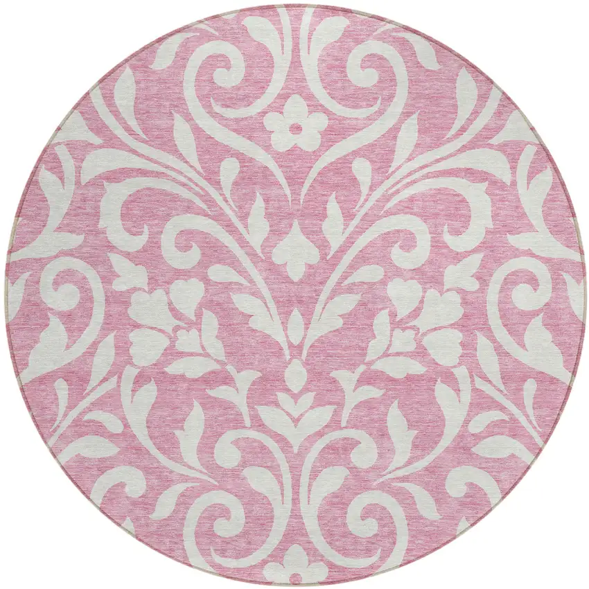 8' Pink And Ivory Round Floral Washable Indoor Outdoor Area Rug Photo 2