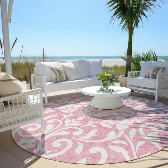 8' Pink And Ivory Round Floral Washable Indoor Outdoor Area Rug Photo 6