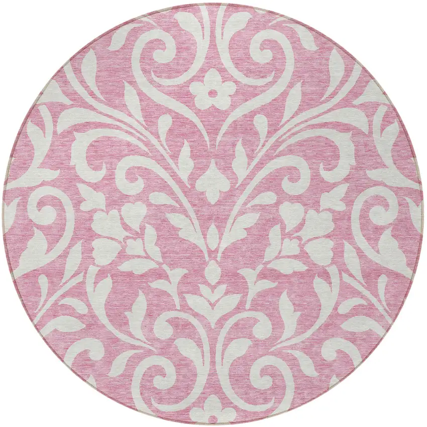 8' Pink And Ivory Round Floral Washable Indoor Outdoor Area Rug Photo 5