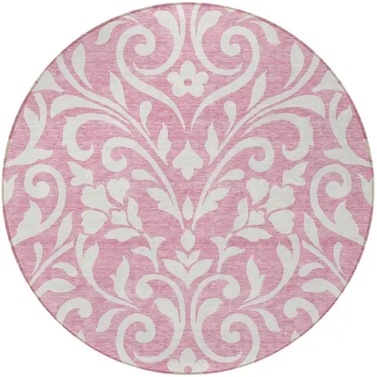 8' Pink And Ivory Round Floral Washable Indoor Outdoor Area Rug Photo 5