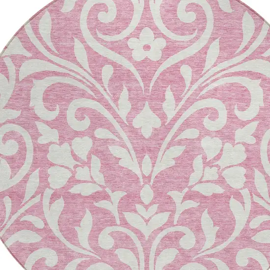 8' Pink And Ivory Round Floral Washable Indoor Outdoor Area Rug Photo 4