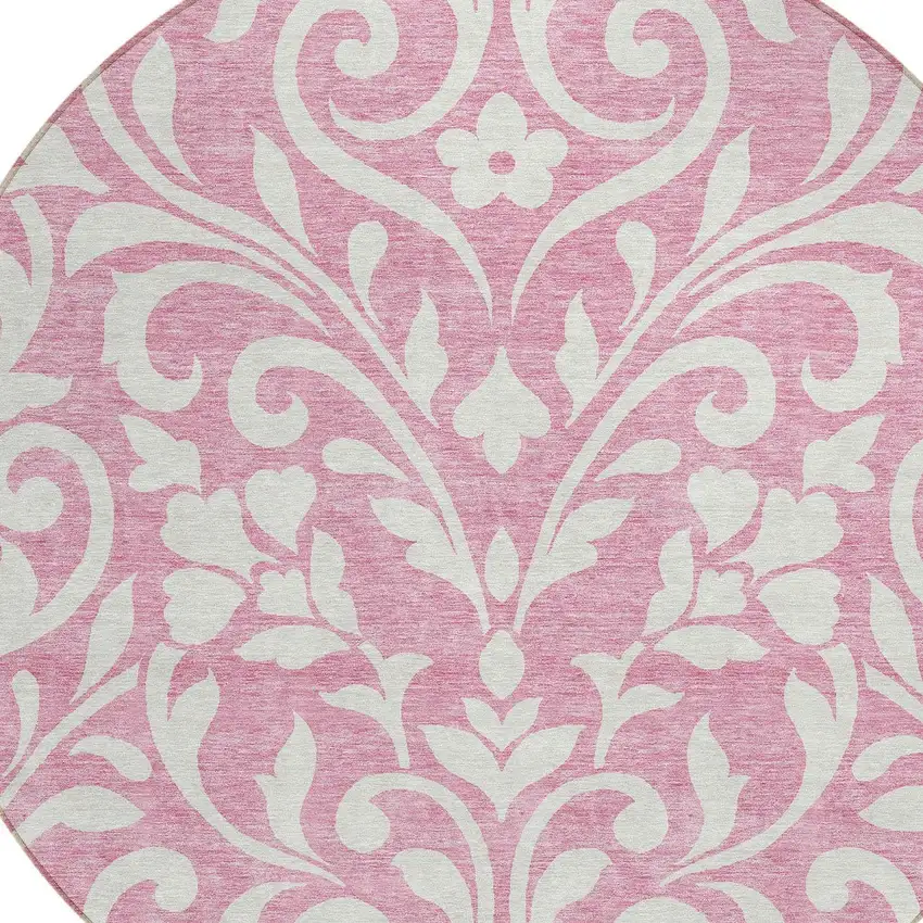 8' Pink And Ivory Round Floral Washable Indoor Outdoor Area Rug Photo 4