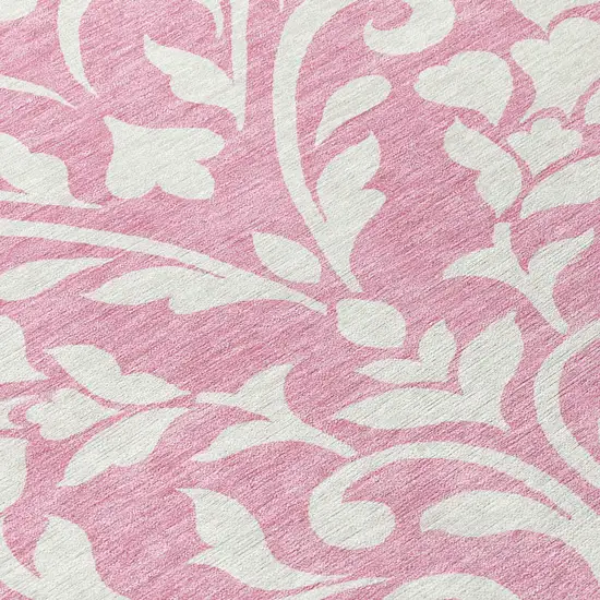 8' Pink And Ivory Round Floral Washable Indoor Outdoor Area Rug Photo 8