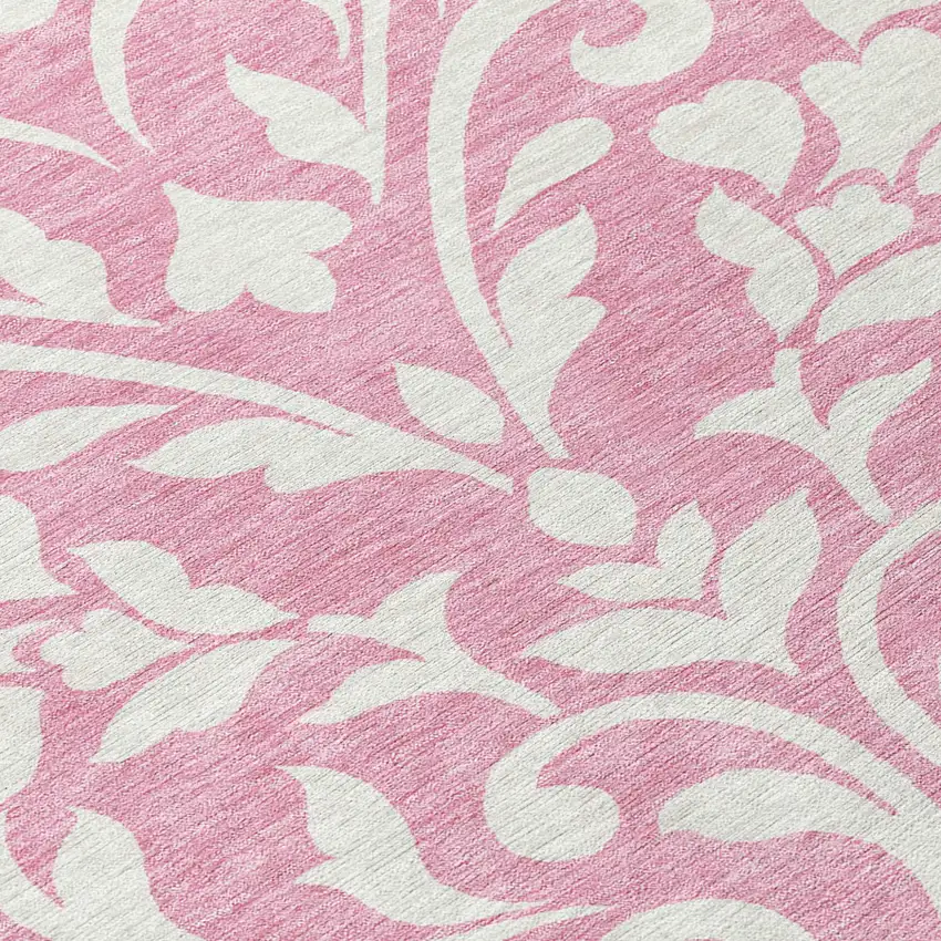8' Pink And Ivory Round Floral Washable Indoor Outdoor Area Rug Photo 8