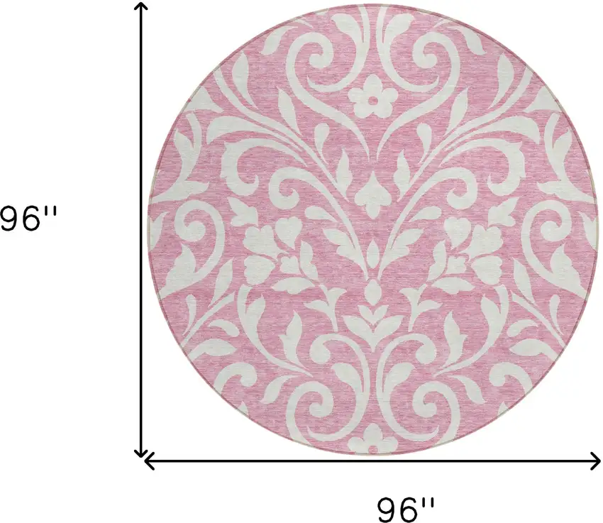8' Pink And Ivory Round Floral Washable Indoor Outdoor Area Rug Photo 3