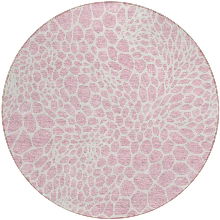 8' Pink And Ivory Round Geometric Washable Indoor Outdoor Area Rug Photo 2