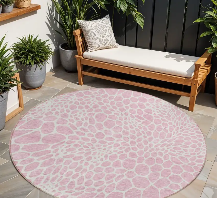 8' Pink And Ivory Round Geometric Washable Indoor Outdoor Area Rug Photo 1