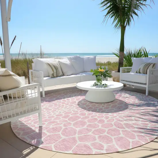 8' Pink And Ivory Round Geometric Washable Indoor Outdoor Area Rug Photo 7